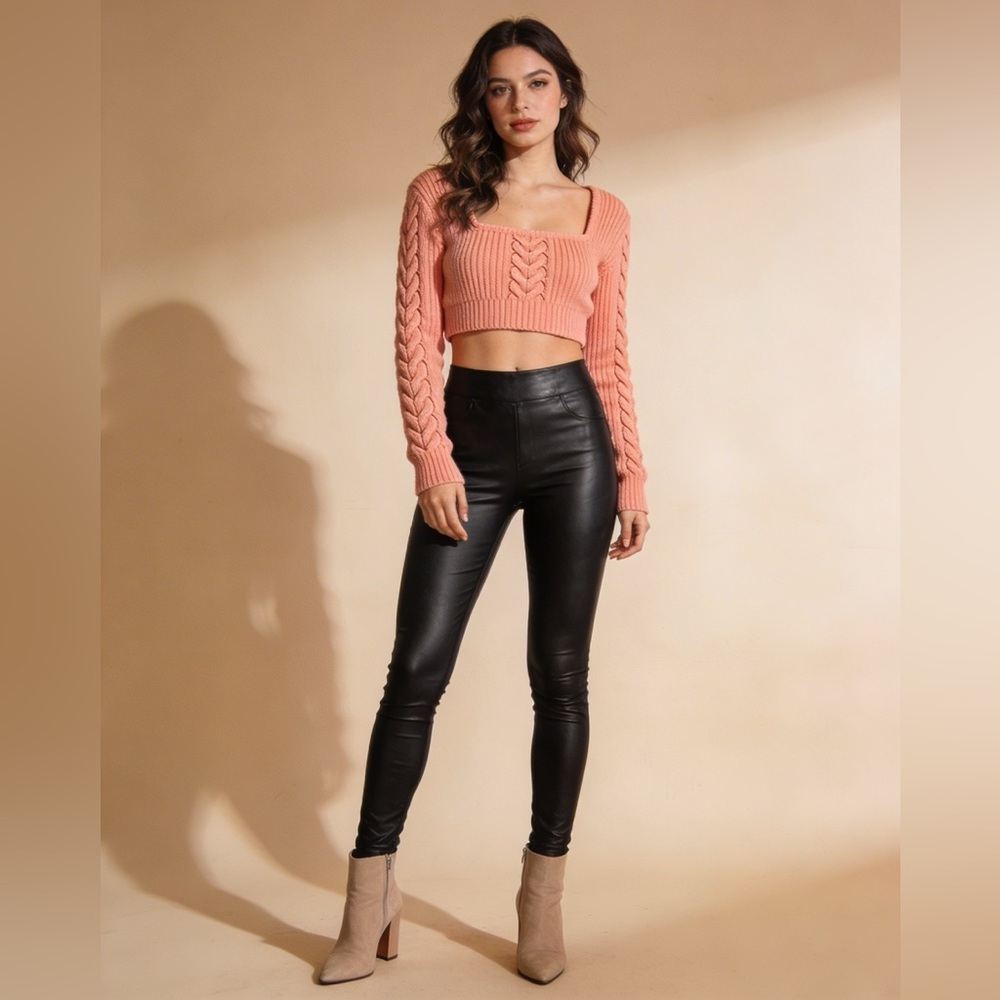 SHEIN Peach Cropped 2pc Sweater Set L Cable Knit + Tank NWOT - Picture 2 of 11
